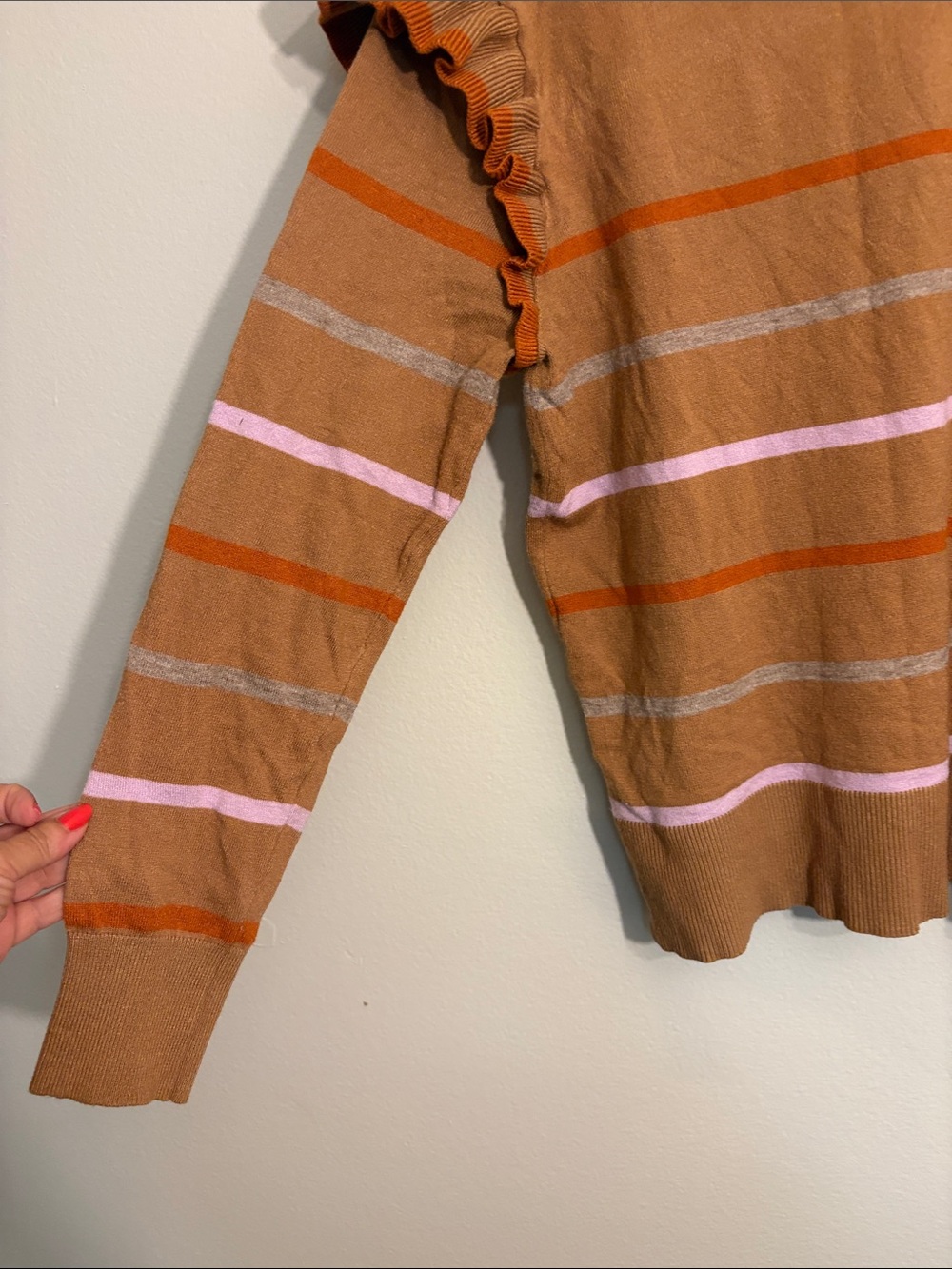 THML Tan Striped Ruffle-Shoulder Sweater - Picture 8 of 9